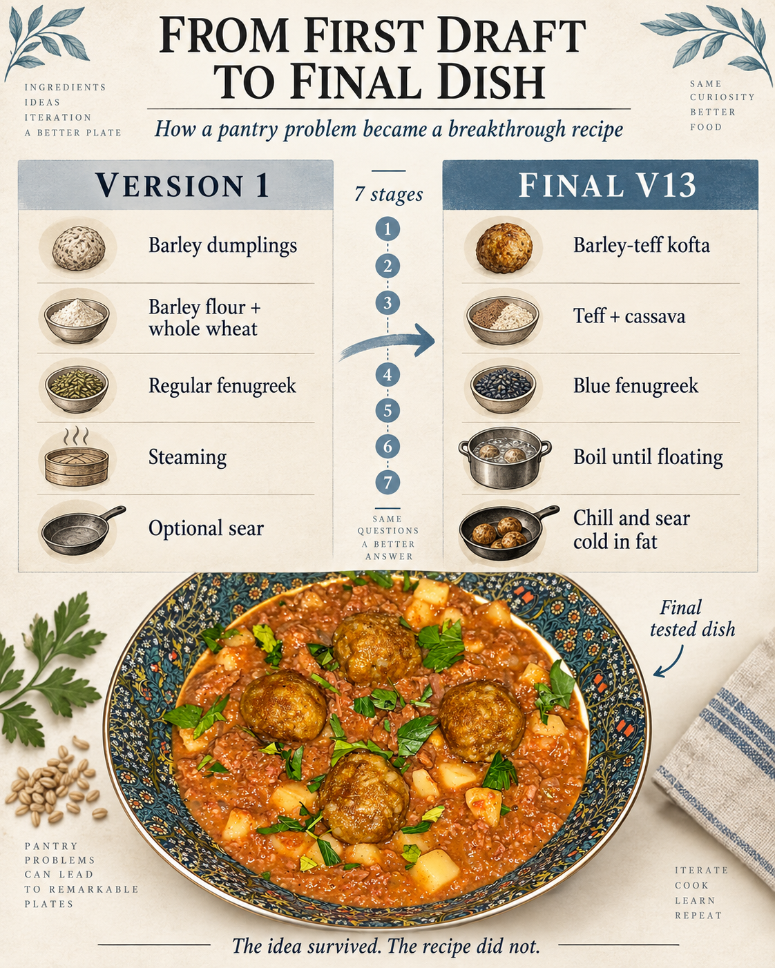 From First Draft to Final Dish: illustrated recipe-development graphic for barley–teff kofta