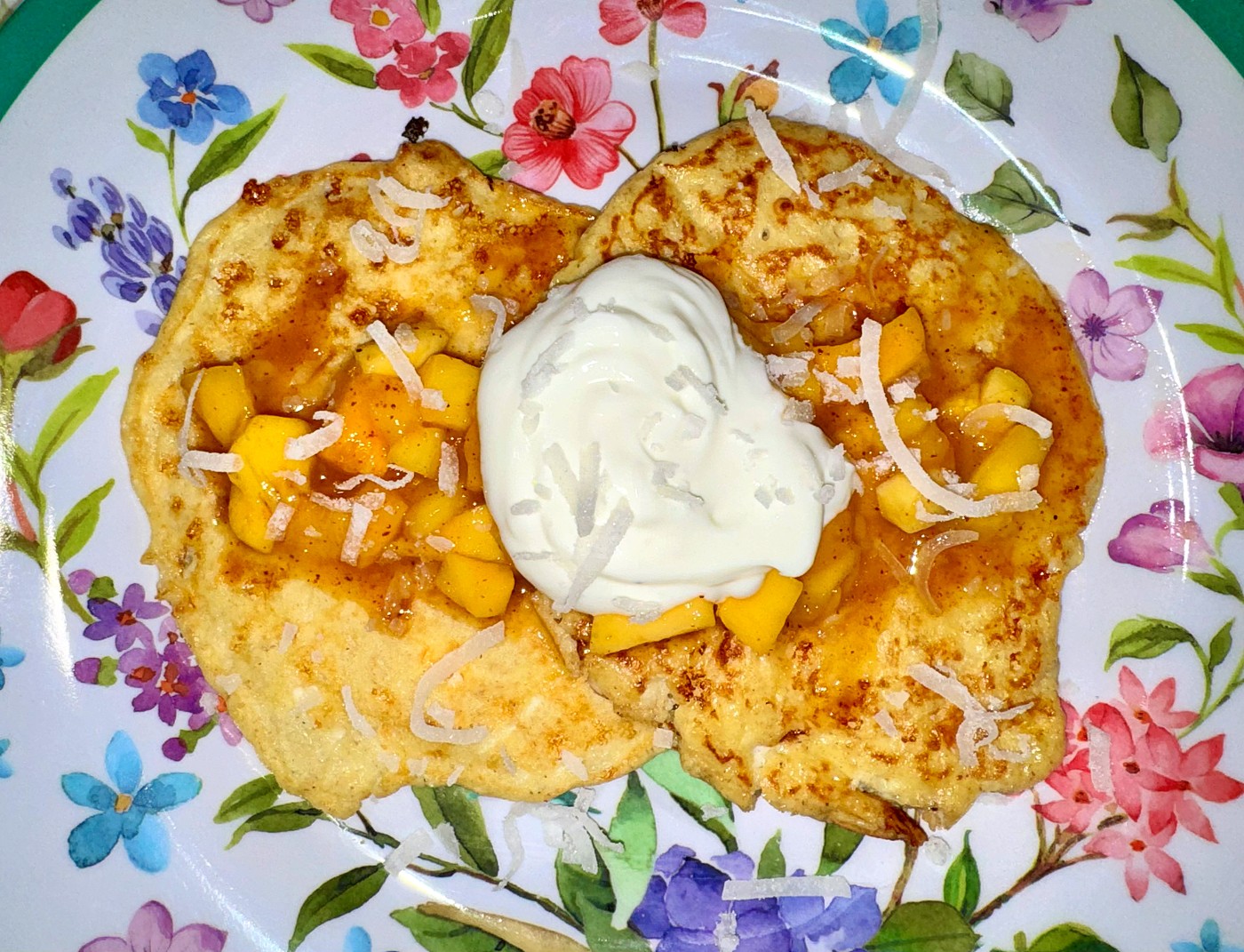 Coconut-lime cottage cheese pancakes with chili-lime mango relish