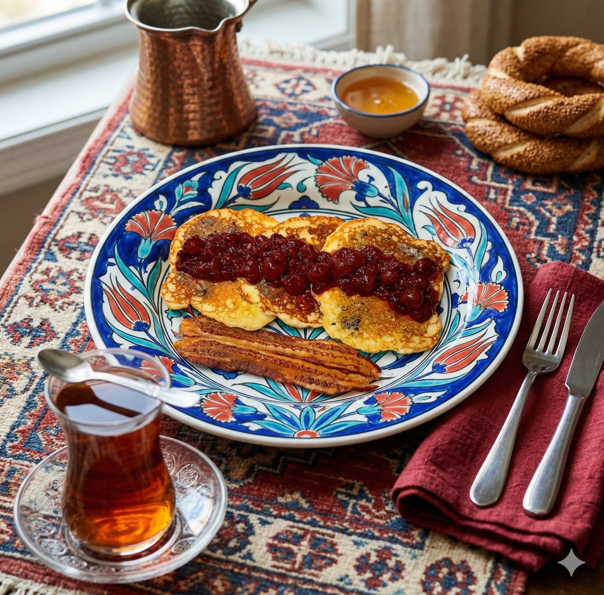 Labneh Pancakes with Sour Cherry Compote and Za'atar Butter